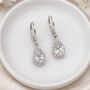 Cubic Zirconia Teardrop Earrings | Halo CZ Drop Earrings | Silver Tone Leverback
